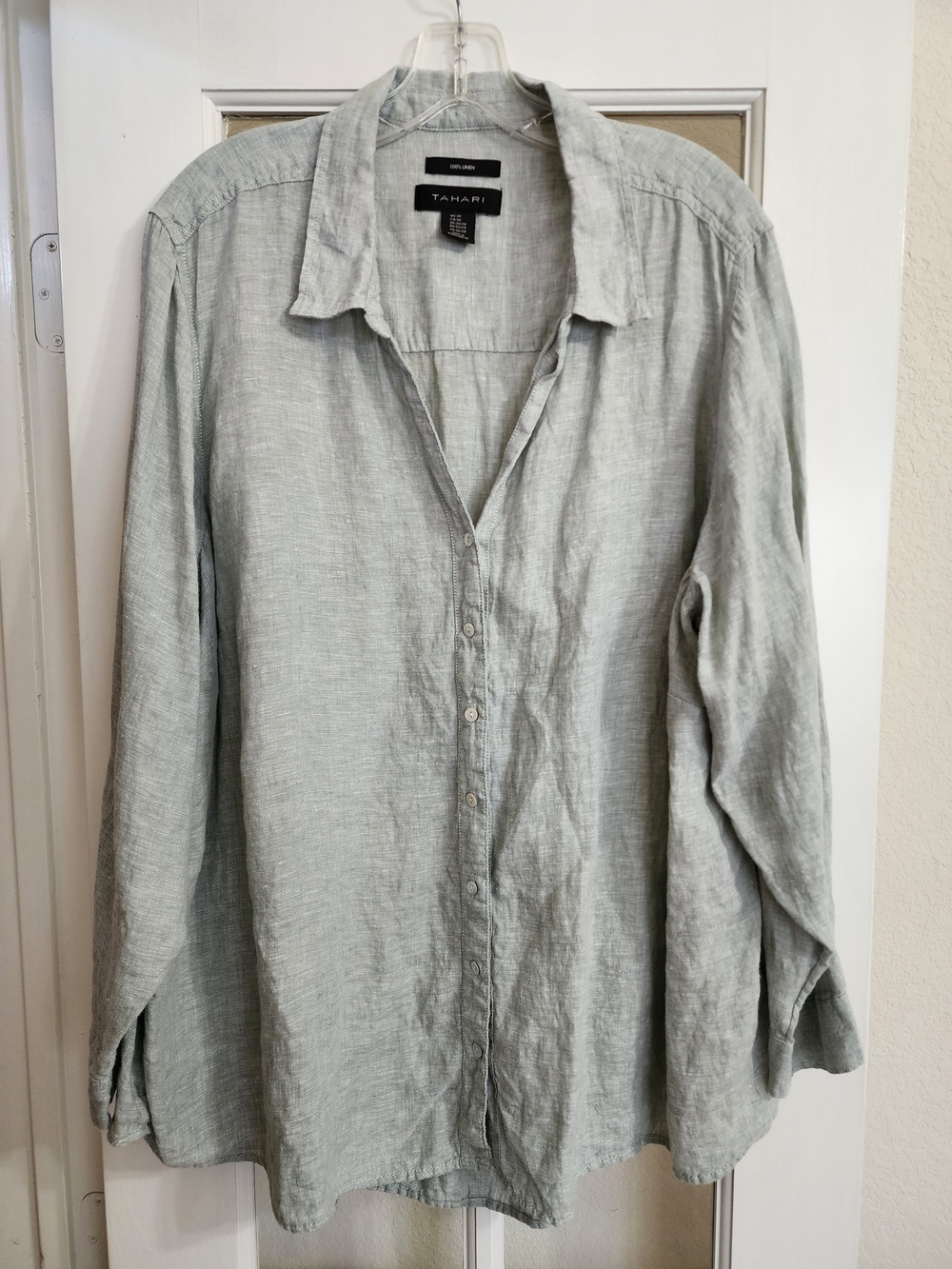 Tahari 100% Linen Sage Green Button Front Shirt Women's 3X Relaxed